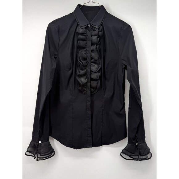 Chic Black Ruffled Women's Button Down Shirt - Picture 2 of 12